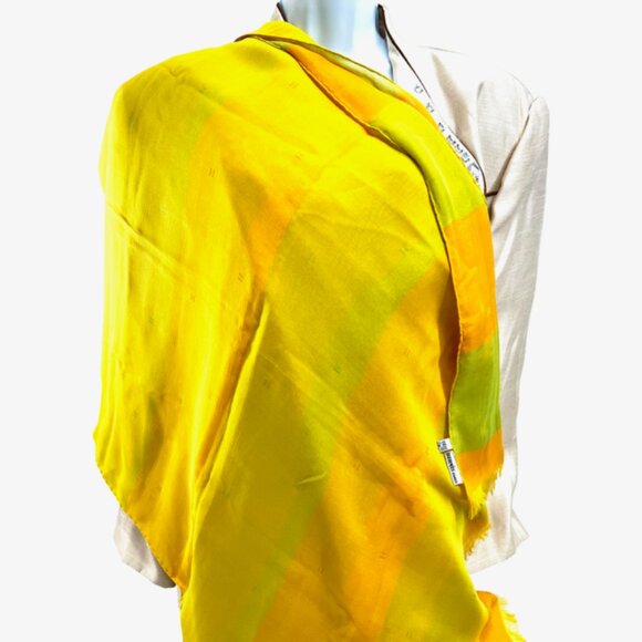 HERMES ParisLightGreen Orange Chiffon silk Scarf 70"x2 8  Logo H PrintFringe(34 - Picture 2 of 14